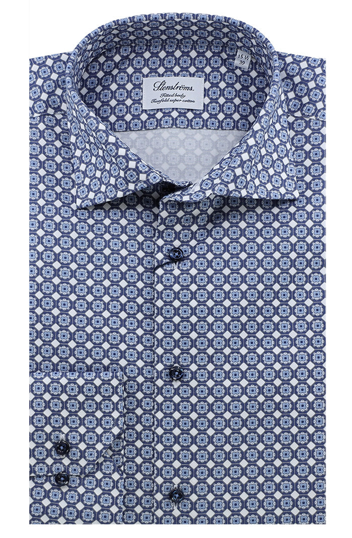 Stenstroms Men’s Blue Patterned Twill Shirt with Geometric Print and Cutaway Collar – Mondo Uomo