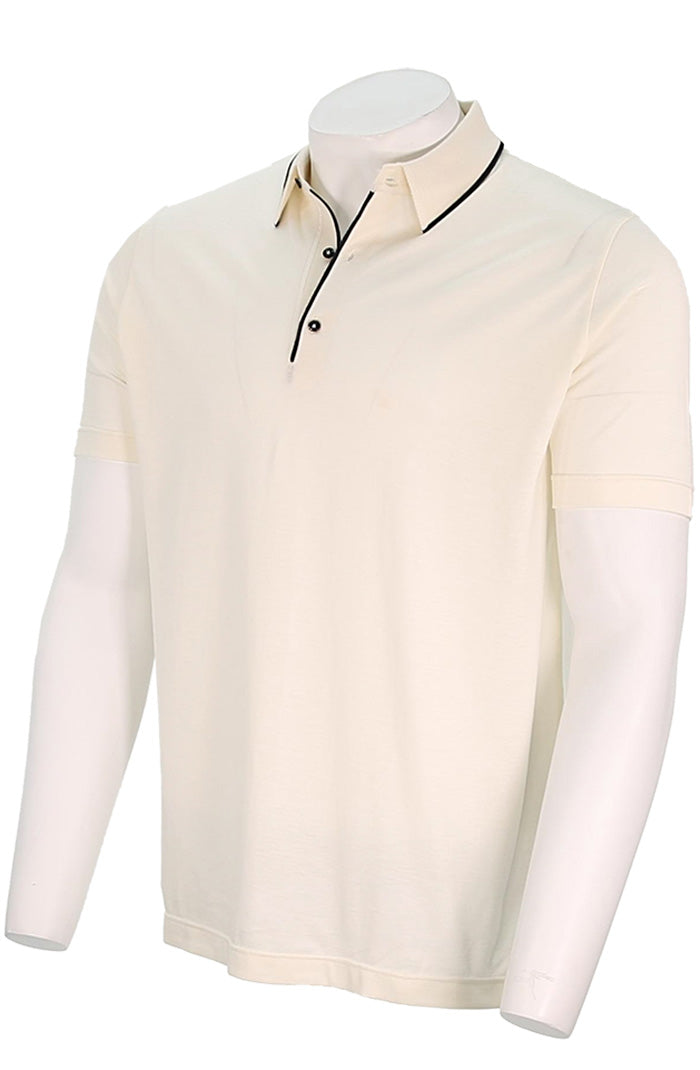 St. Croix Men's Short Sleeve Silk Cotton Polo w/ Placket Tipping In Ivory Angled View - Mondo Uomo