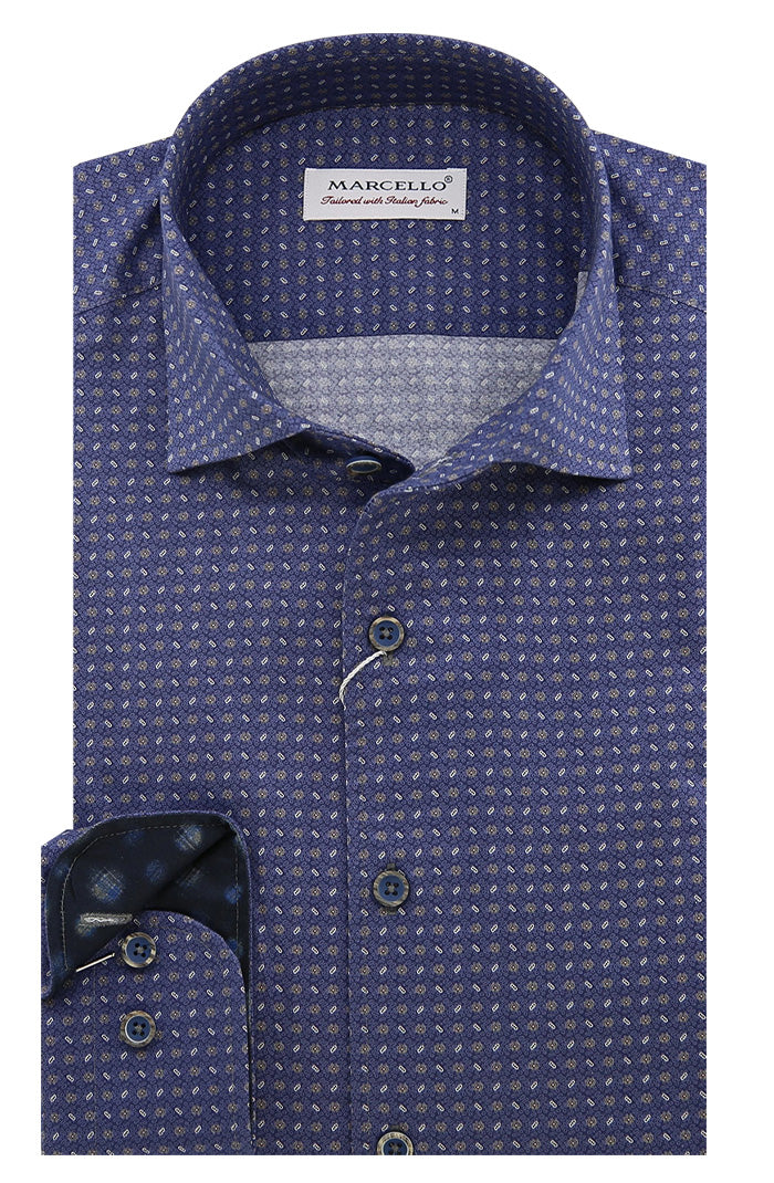 Marcello Navy Print Long Sleeve Shirt - Men's Designer Dress Shirt