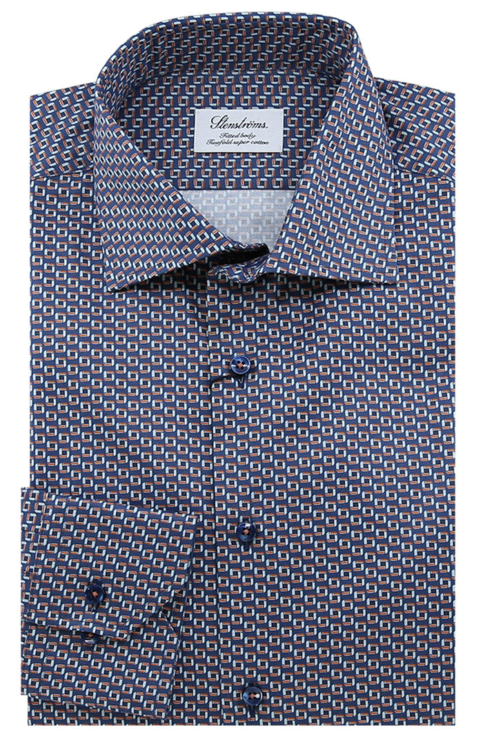 Stenstroms Men's Navy Geometric Link Print Long Sleeve Shirt 612751 8065 - Mondo Uomo