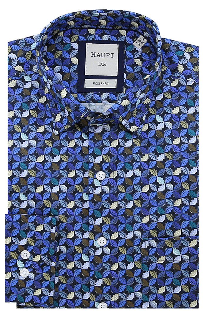 Haupt Men's Long Sleeve Shirt in Modern Fit With Shades of Blue, White, and Olive Green - Mondo Uomo