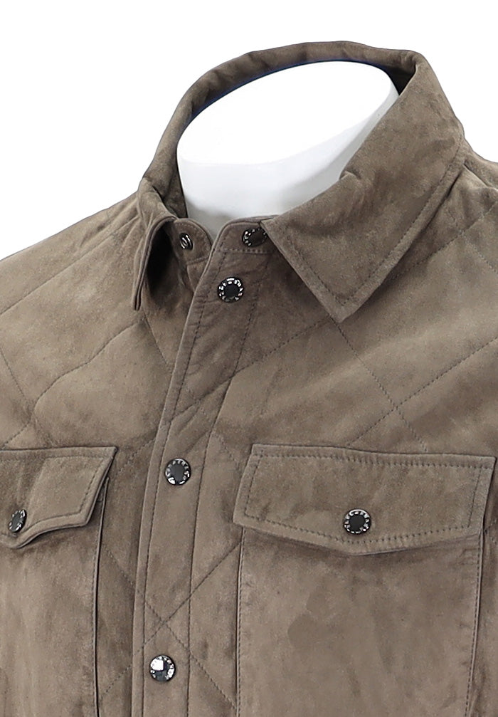 PAUL & SHARK Men’s Aqualeather Suede Quilted Shacket in Taupe with Full Button Down Close Up