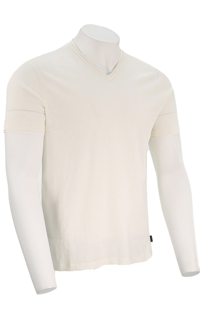 John Varvatos Miles Men’s Slub V-Neck T-Shirt in Salt White Cotton with Raw Edge Angled View - Mondo Uomo