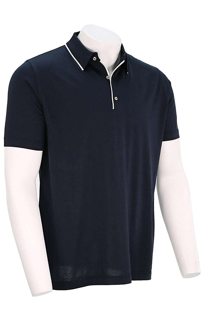 St. Croix Men's Short Sleeve Silk Cotton Polo w/ Placket Tipping In Deep Navy Angled View 3973