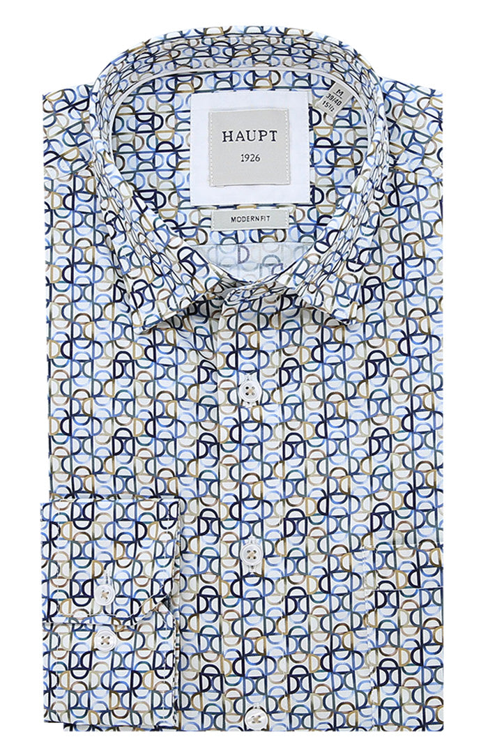 Haupt Men's Long Sleeve Shirt in Modern Fit With Soft Tones of Blue, Beige, and Navy - Mondo Uomo