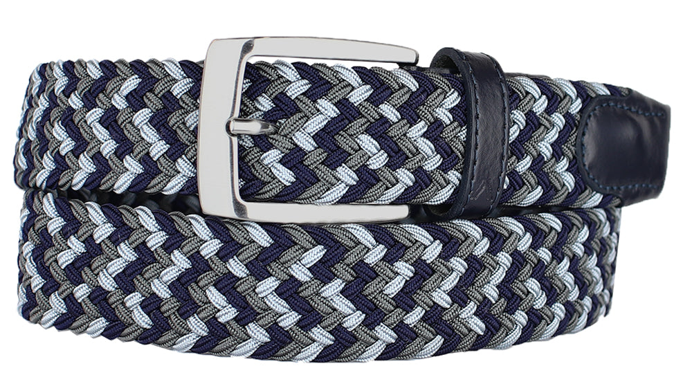 Alberto Men’s Braided Stretch Fabric Belt in Blue Gray and Black with Silver Buckle - Mondo Uomo