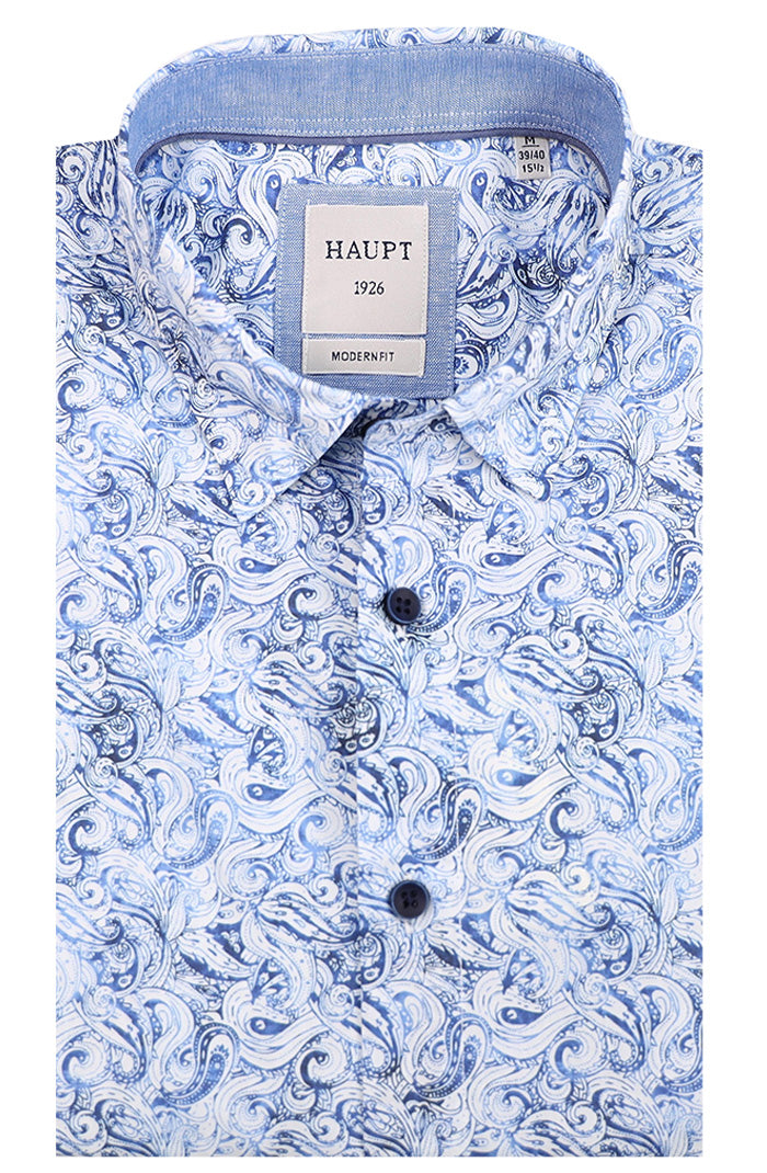 Haupt Short Sleeve Men’s Cotton Shirt with Blue Paisley Print and Spread Collar – Mondo Uomo