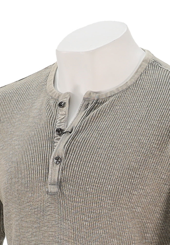 John Varvatos Memphis Men’s Waffle Henley in Grey Heather Cotton Fadeaway Wash Close Up