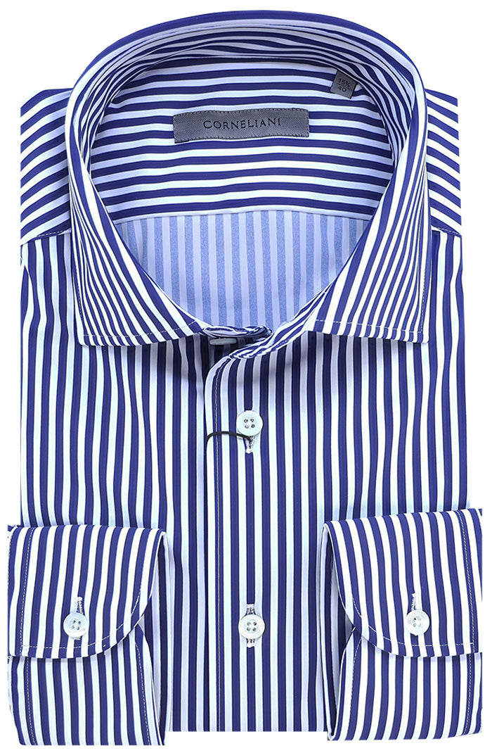 Corneliani Men's Performance Stretch L/S Shirt In Navy Stripe - Mondo Uomo