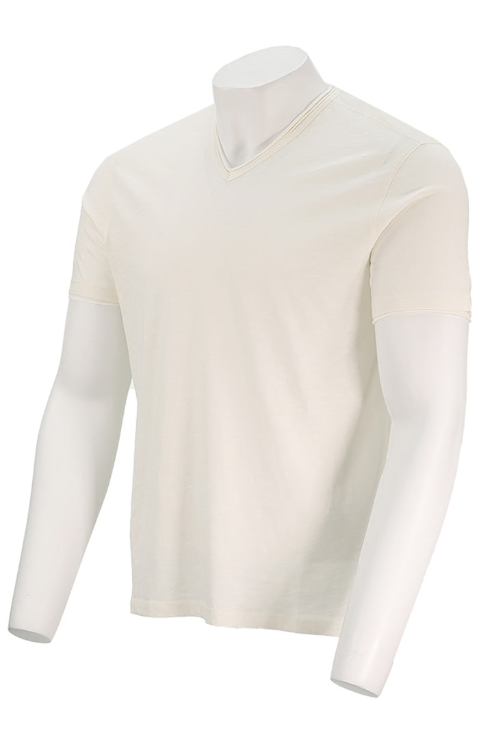 John Varvatos Miles Men’s Slub V-Neck T-Shirt in Salt White Cotton with Raw Edge Angled View Miles