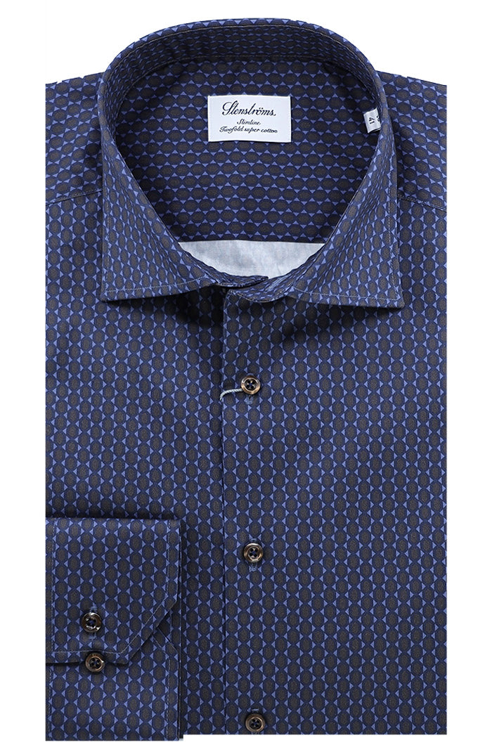 Stenstroms Men’s Blue Patterned Twill Shirt with Cutaway Collar and Printed Design – Mondo Uomo