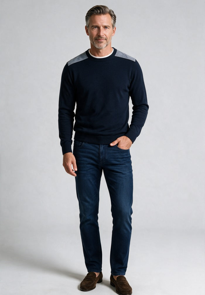 Paul and Shark Crew Neck with Leather Detail — worn with denim