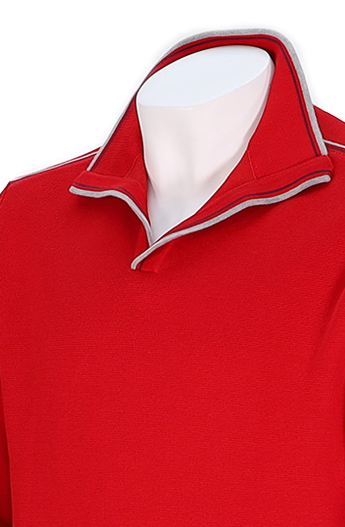 St. Croix Red Men’s Zip Mock Sweater in Cotton Blend with Stripe Neckline Close Up