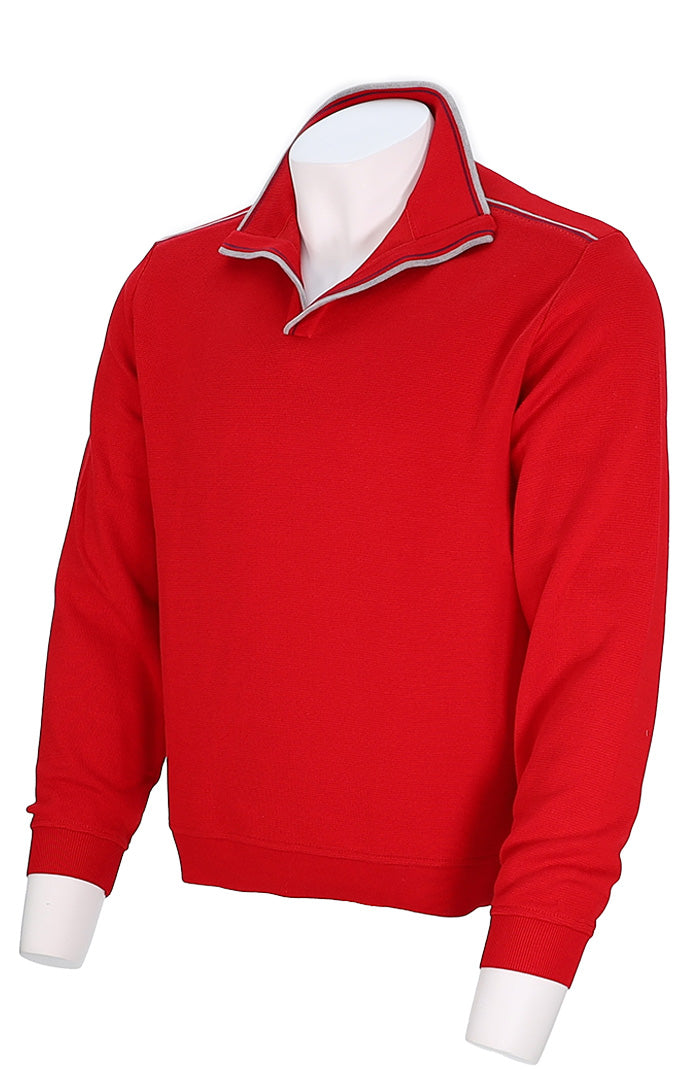 St. Croix Men’s Red Cotton Blend Zip Mock Sweater with Stripe Detail Angled View 4092