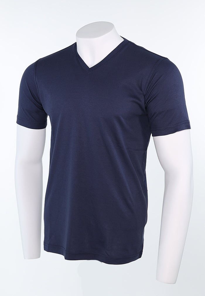 Raffi Aqua Cotton Noah V-Neck Tee in Midnight – view 3 #Color_Midnight