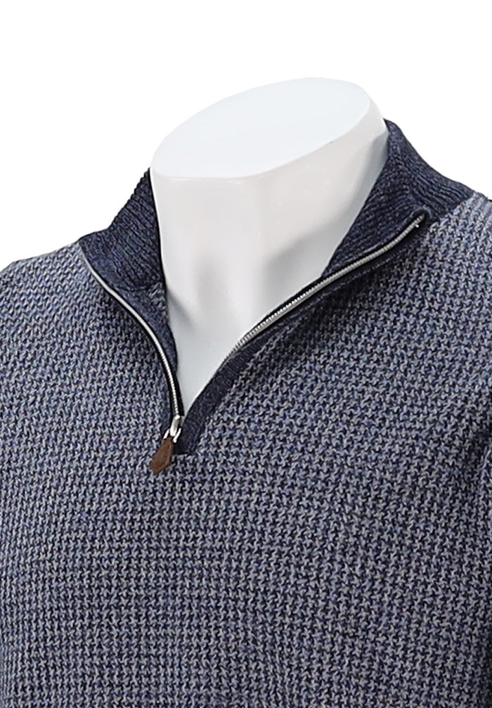 Stenstroms Merino Wool Men’s Half Zip Sweater in Blue and Gray Weave Close Up