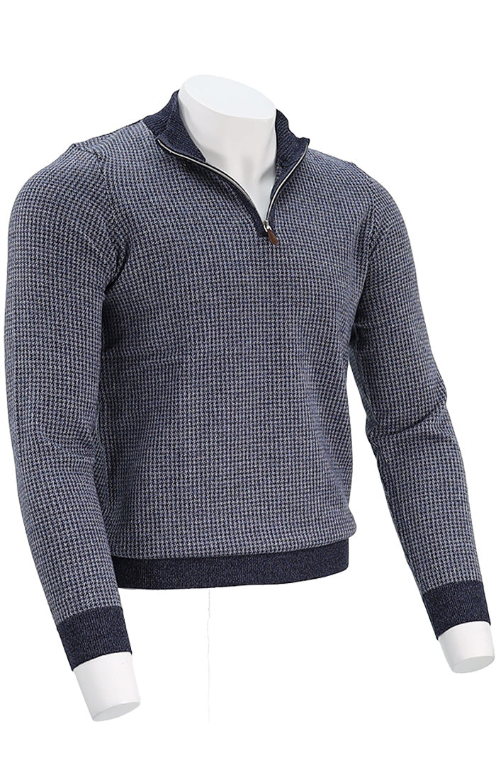 Stenstroms Merino Wool Men’s Half Zip Sweater in Blue and Gray Weave 420296-1355
