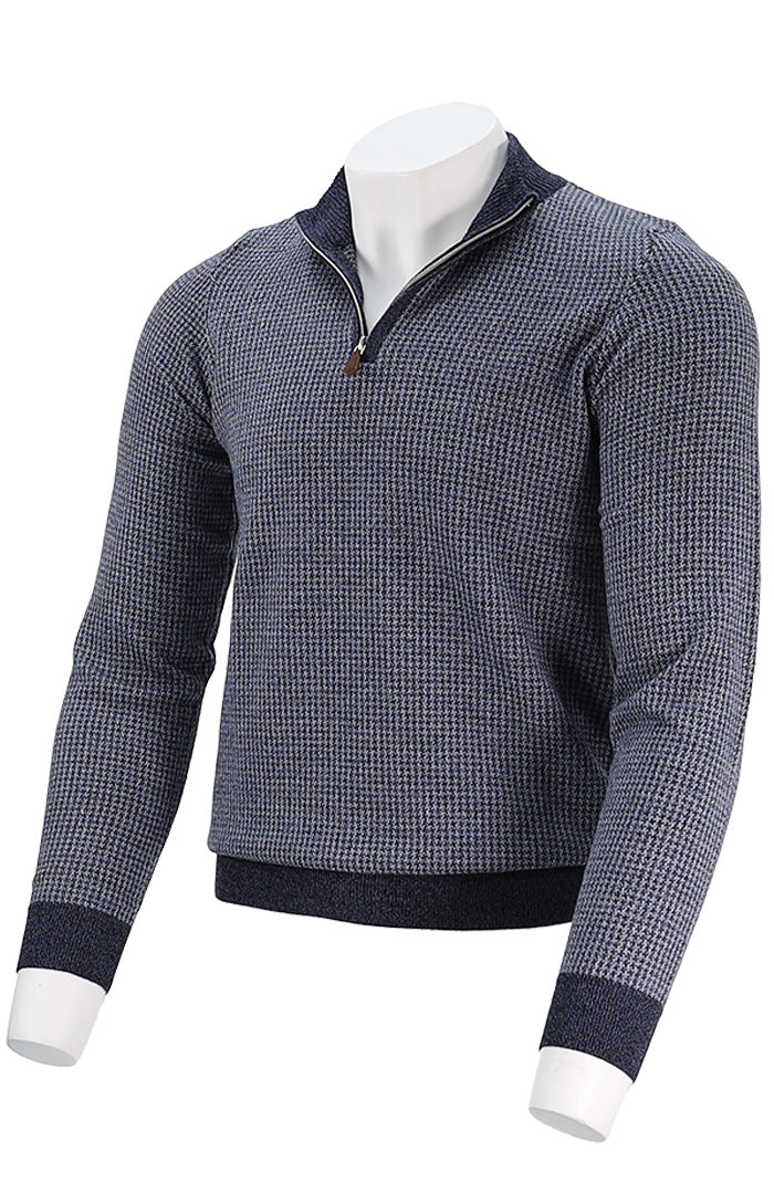 Stenstroms Merino Wool Men’s Half Zip Sweater in Blue and Gray Weave Angled View - Mondo Uomo