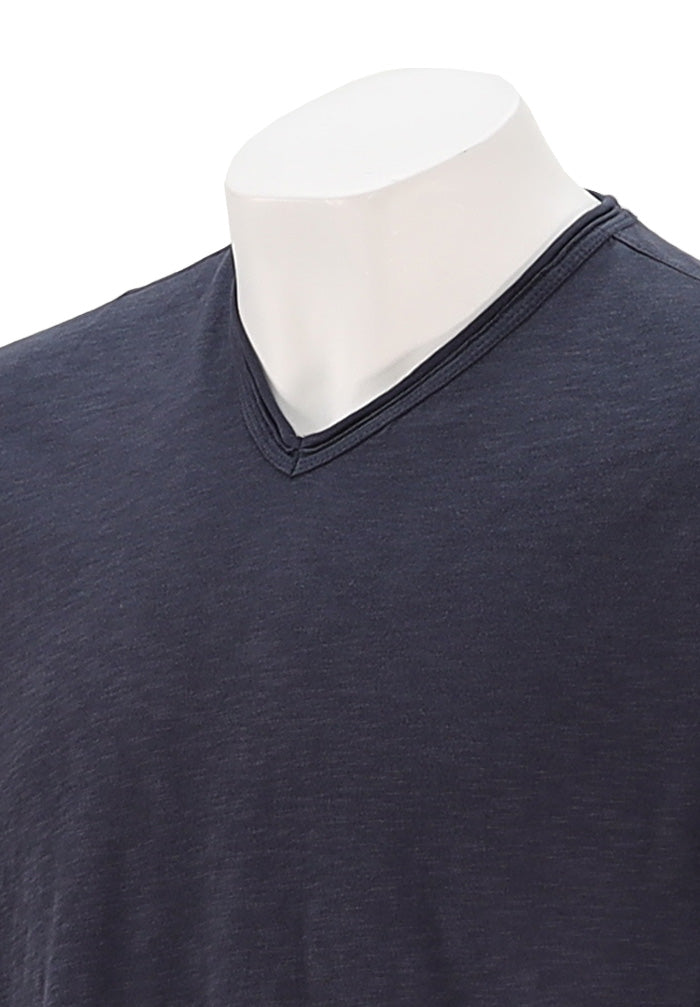 John Varvatos Miles Men’s Slub V-Neck T-Shirt in Oiled Blue Cotton with Raw Edge Close Up