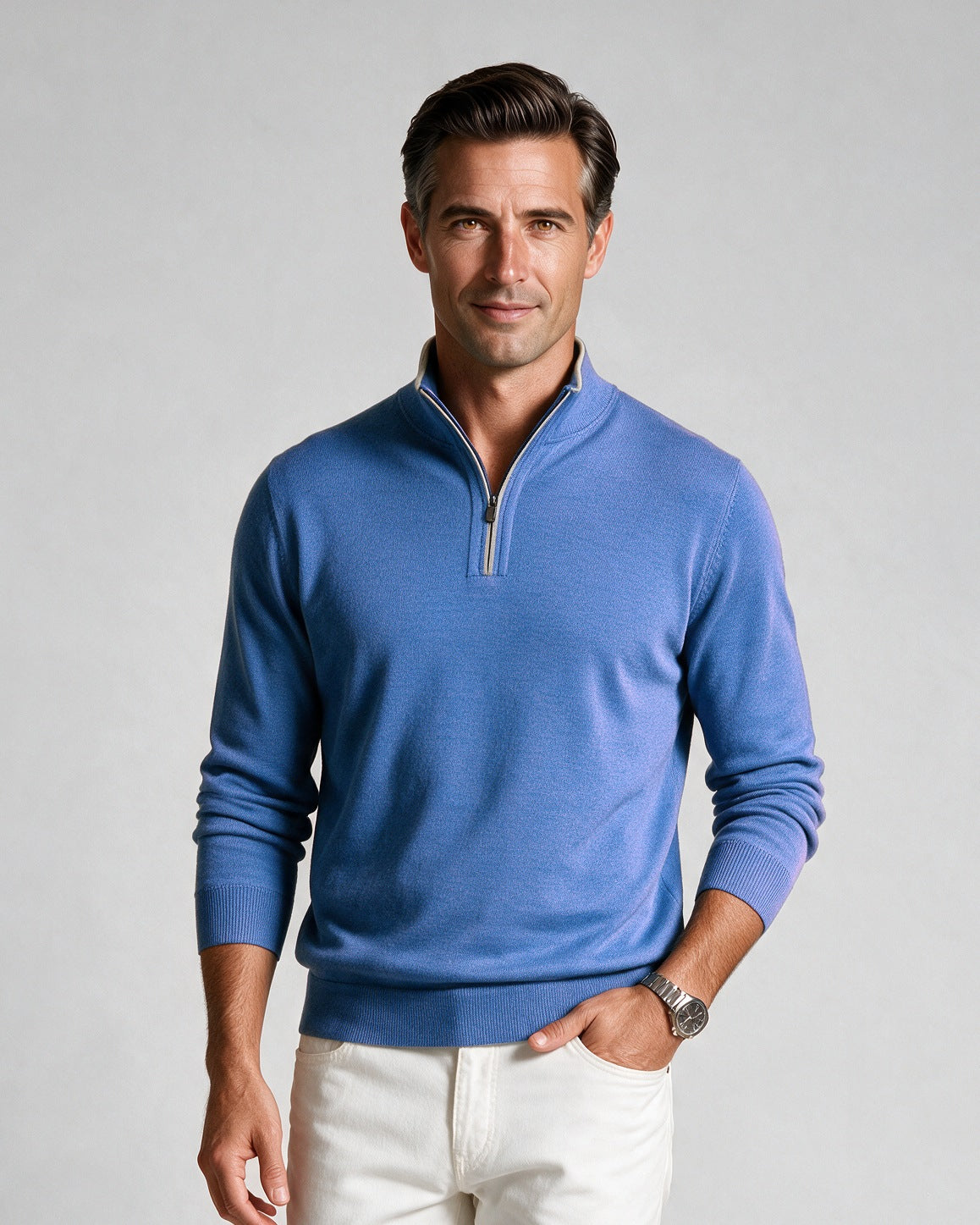 St. Croix - Zip Mock with Tipping - Mens Sweater - Mondo Uomo - Coastal Blue - 4419 - Shown on Model, Close-Up