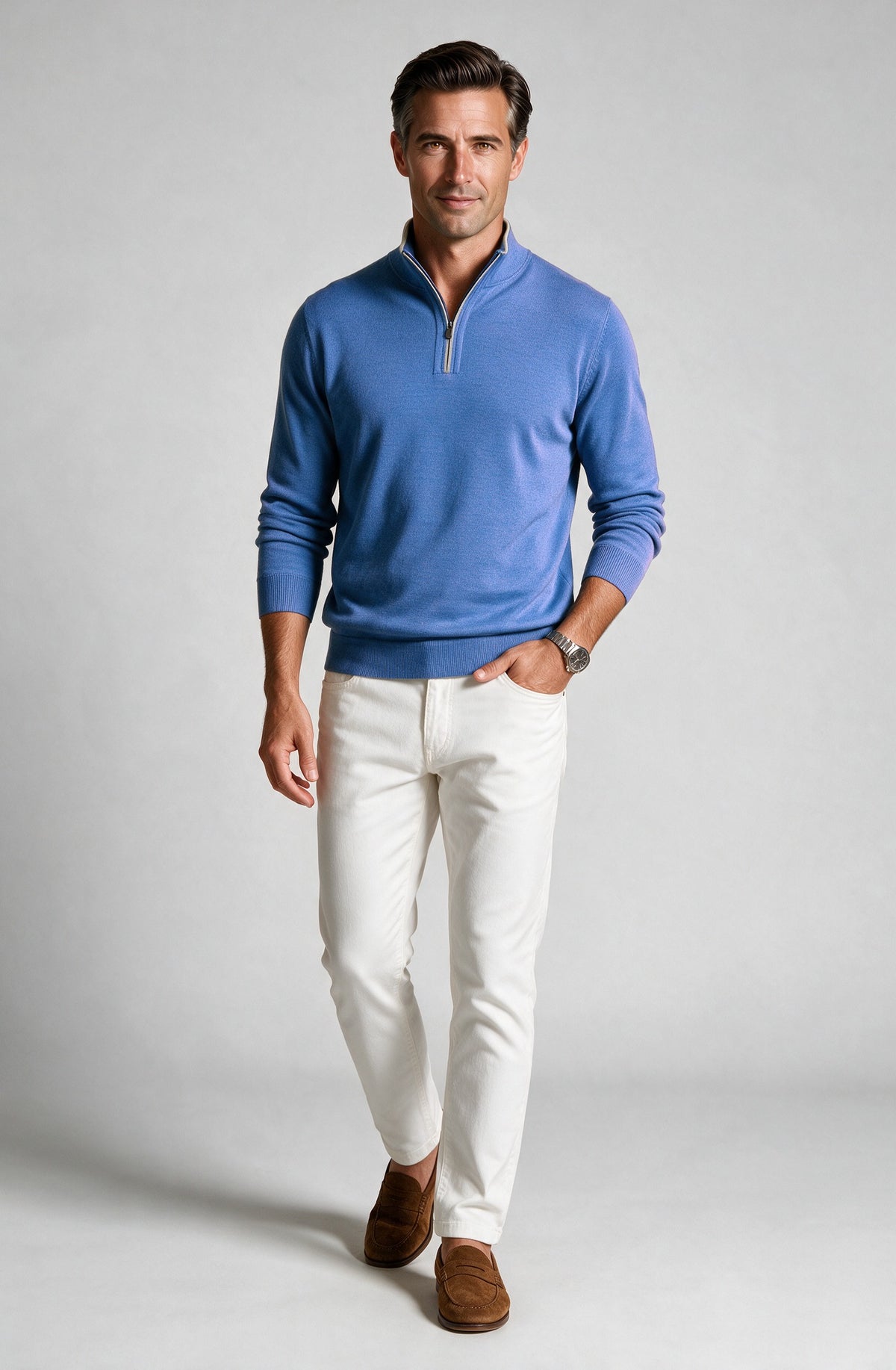 St. Croix - Zip Mock with Tipping - Mens Sweater - Mondo Uomo - Coastal Blue - 4419 - Shown on Model