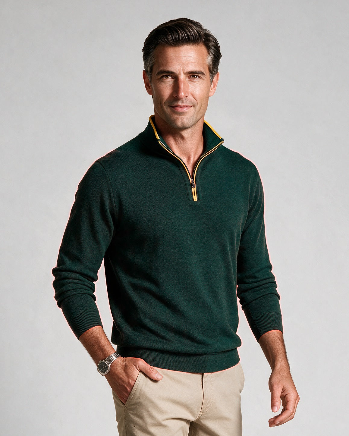 St. Croix - Zip Mock with Tipping - Mens Sweater - Mondo Uomo - Emerald - 4419 - Shown on Model, Close-Up
