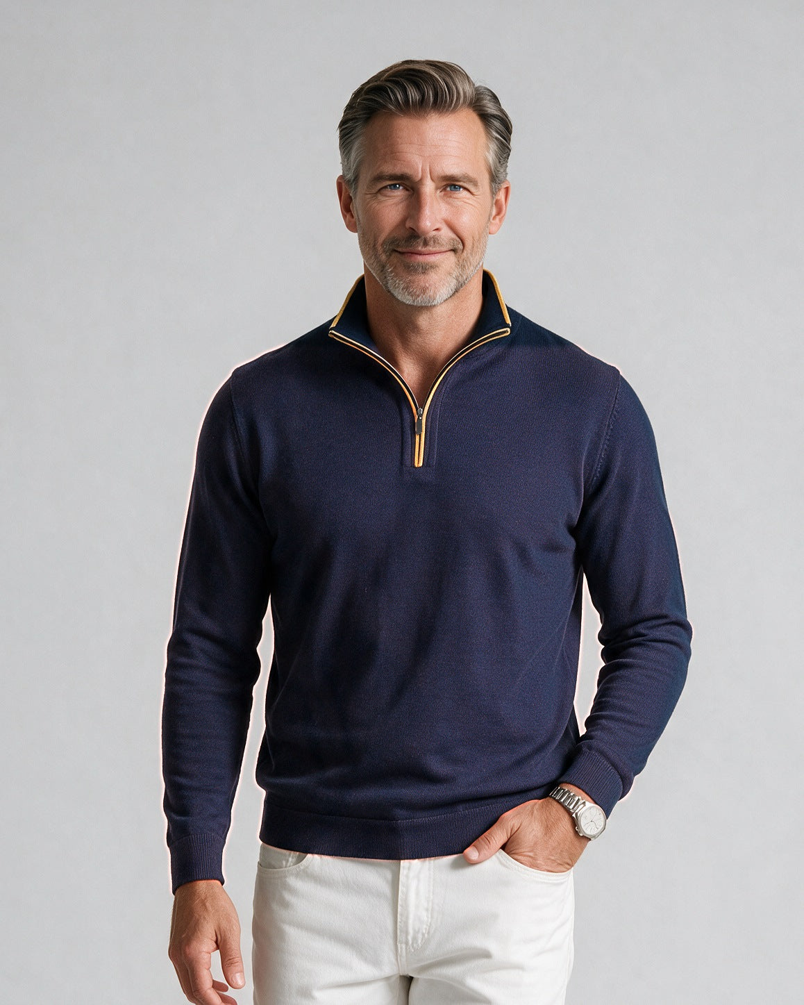 St. Croix - Zip Mock with Tipping - Mens Sweater - Mondo Uomo - Seaport Navy - 4419 - Shown on Model, Close-Up