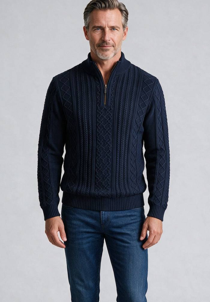 St. Croix Long Sleeve Zip Mock, Seaport Navy – worn by model, close-up