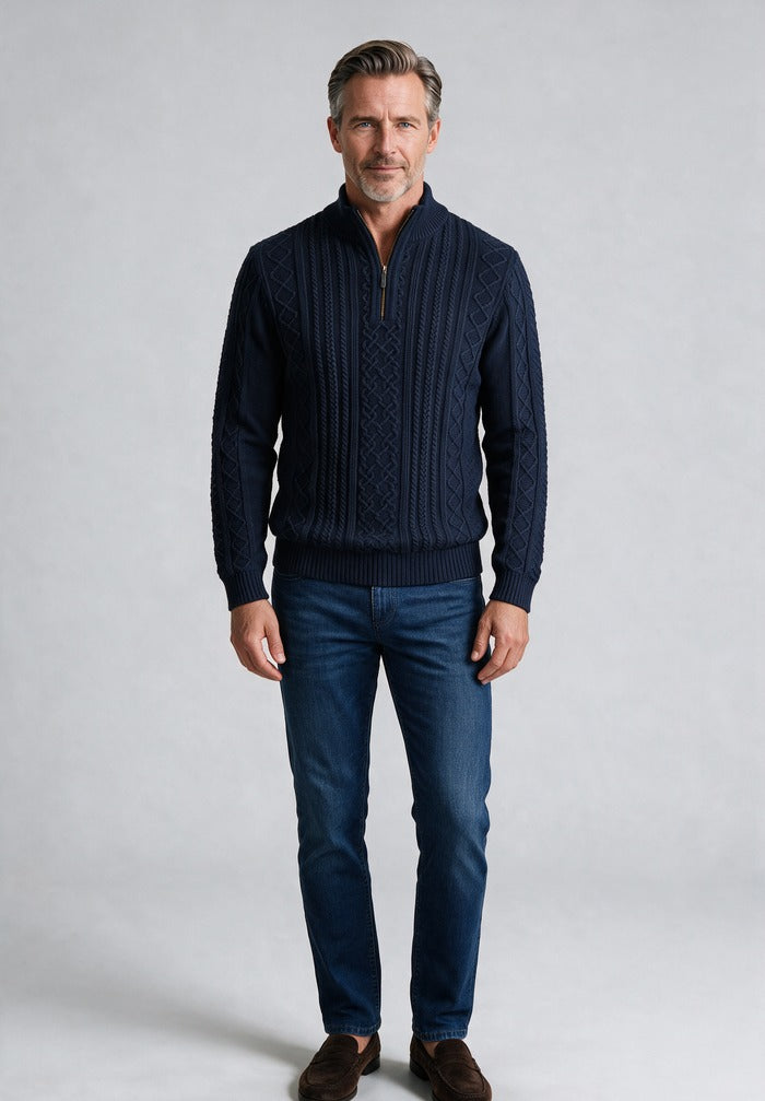 St. Croix Long Sleeve Zip Mock, Seaport Navy – full-length on model, shown with jeans