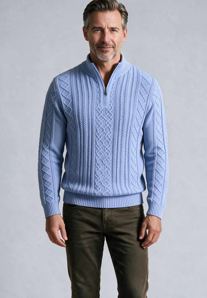 St. Croix Long Sleeve Zip Mock, Powder Blue – worn by model, close-up