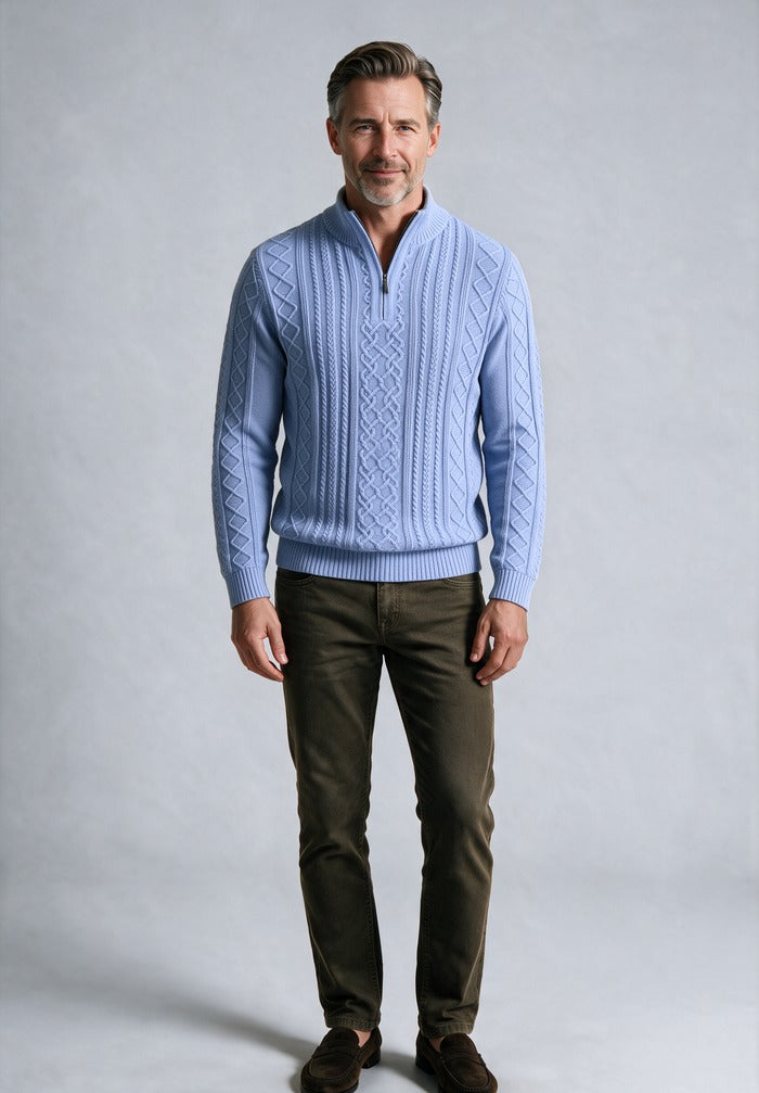 St. Croix Long Sleeve Zip Mock, Powder Blue – full-length on model, shown with dark khaki five-pocket trousers