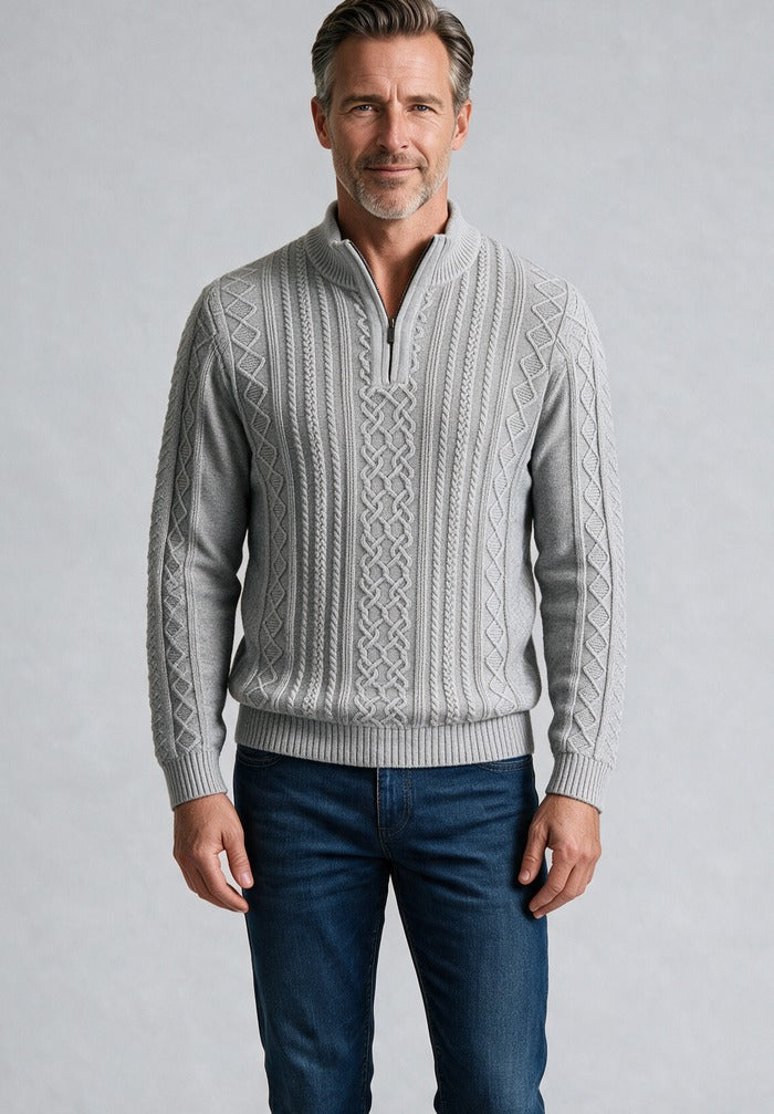 St. Croix Long Sleeve Zip Mock, Light Grey Marl – worn by model, close-up