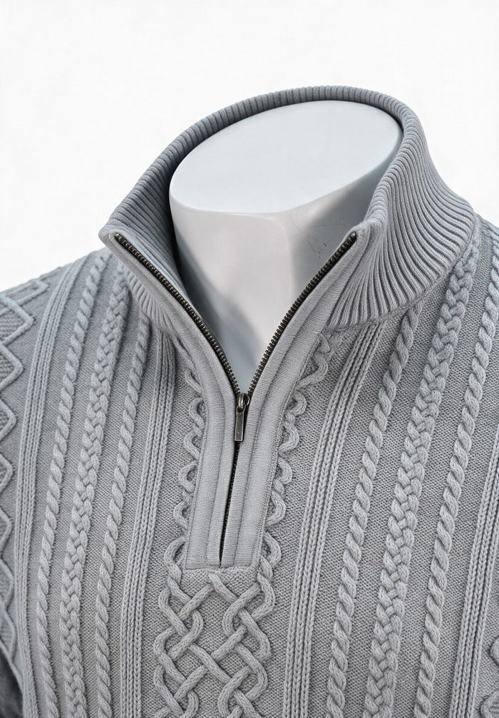 St. Croix Long Sleeve Zip Mock, Light Grey Marl – zip collar and cable knit detail
