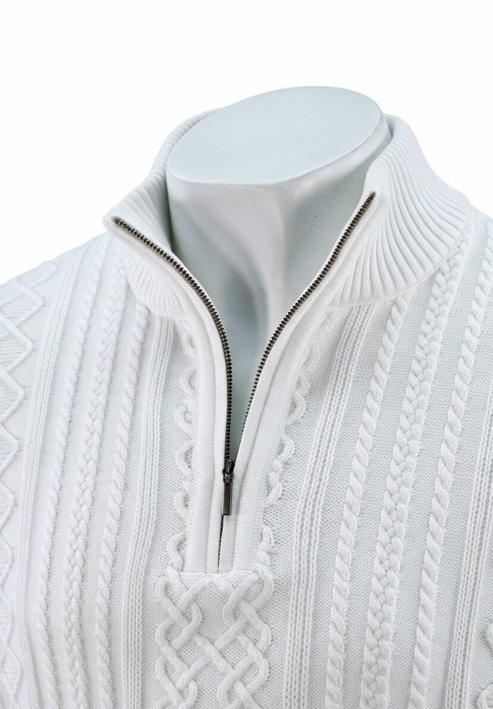 St. Croix Long Sleeve Zip Mock, White – zip collar and cable knit detail