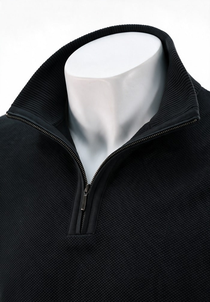 St. Croix - Zip Mock Crystal Stitch Sweater - Mens Sweater - Mondo Uomo - Black/Black - 4518 - Collar View