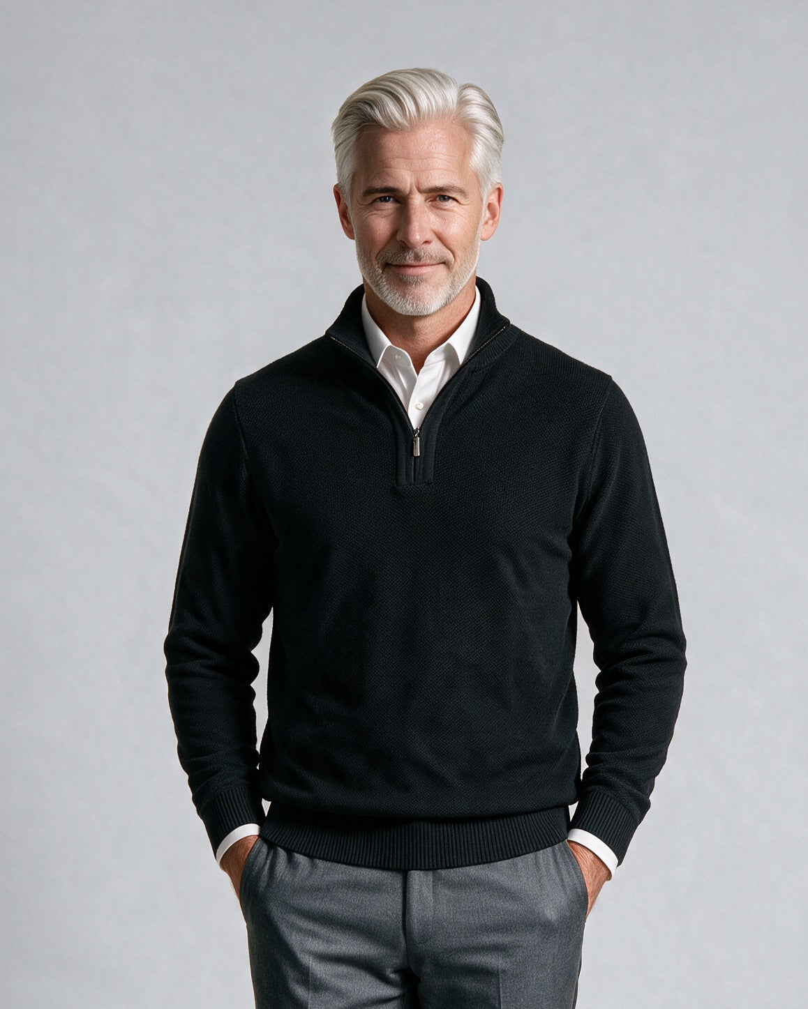 St. Croix - Zip Mock Crystal Stitch Sweater - Mens Sweater - Mondo Uomo - Black/Black - 4518 - Shown on Model, Close-Up