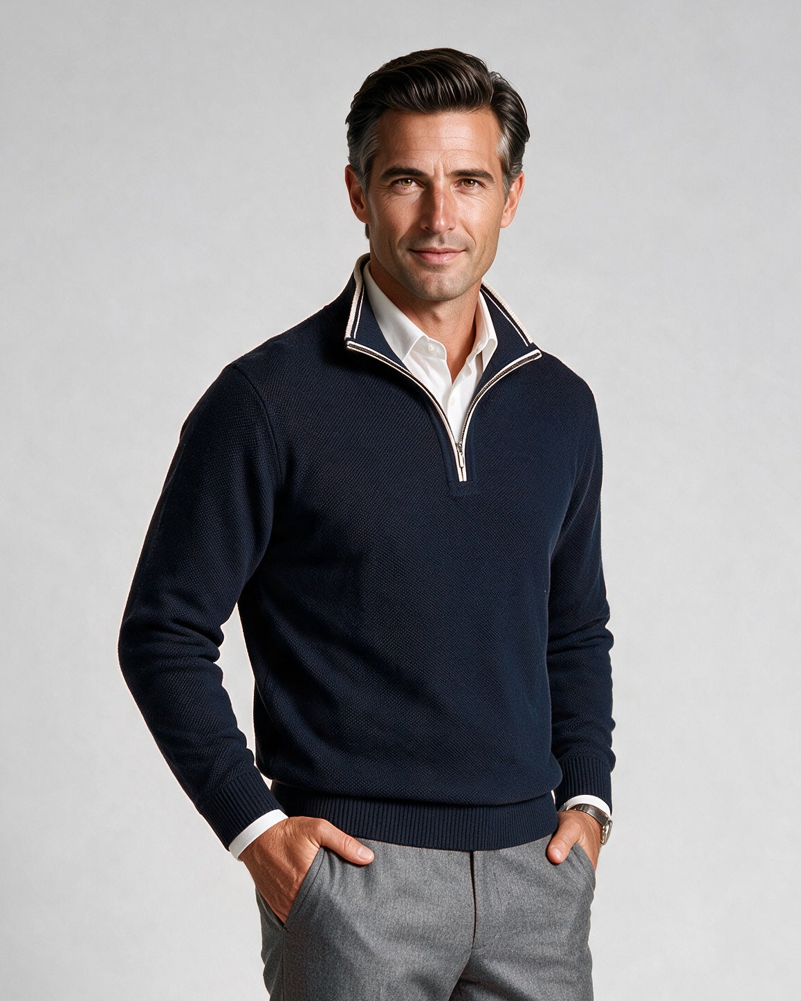 St. Croix - Crystal Stitch Zip Mock - Mens Sweater - Mondo Uomo - Navy - 4524 - Shown on Model, Close-Up