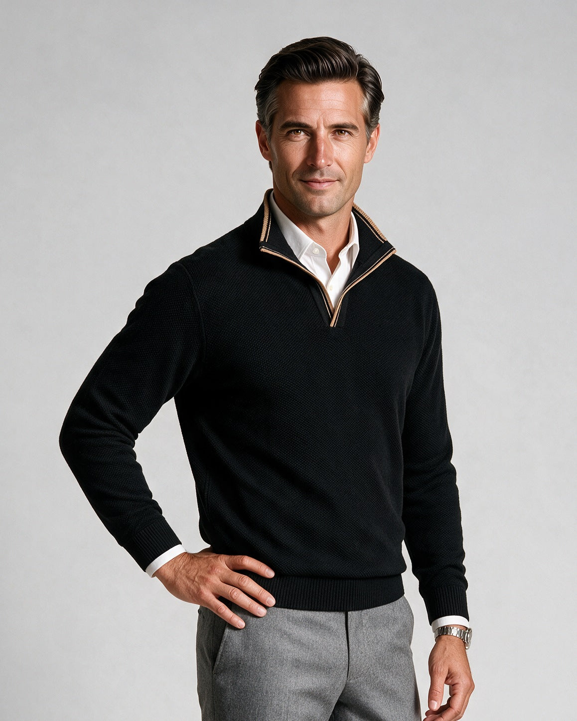 St. Croix - Crystal Stitch Open Mock - Mens Sweater - Mondo Uomo - Black/Black - 4532 - Shown on Model, Close-Up