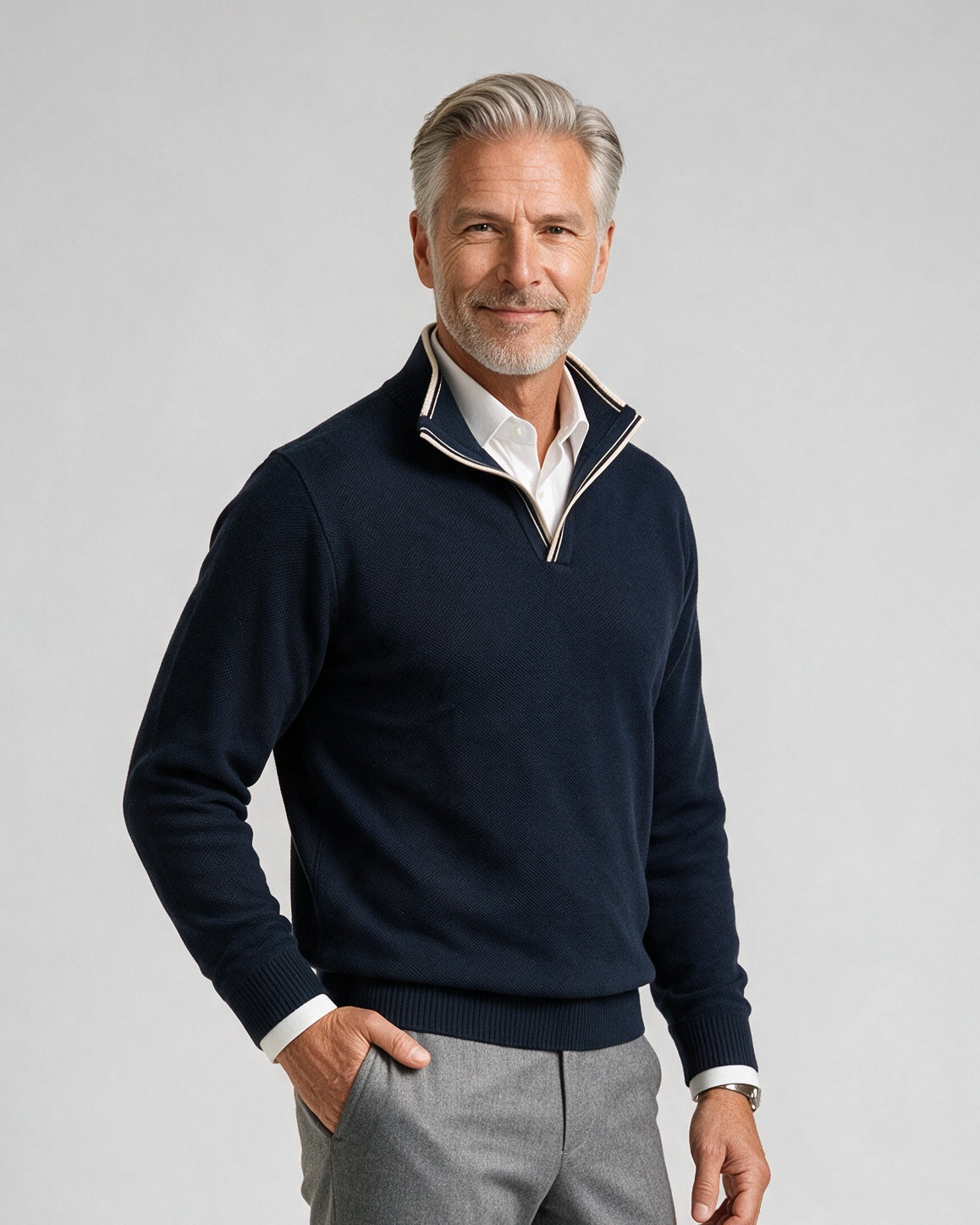 St. Croix - Crystal Stitch Open Mock - Mens Sweater - Mondo Uomo - Navy - 4532 - Shown on Model, Close-Up