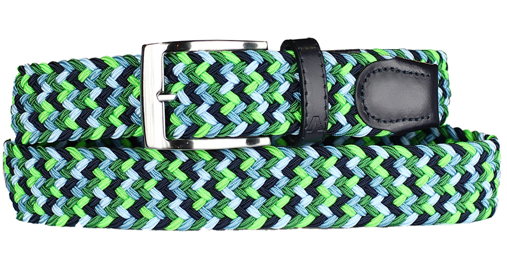 Alberto Men’s Braided Stretch Fabric Belt in Green and Navy with Silver Buckle - Mondo Uomo