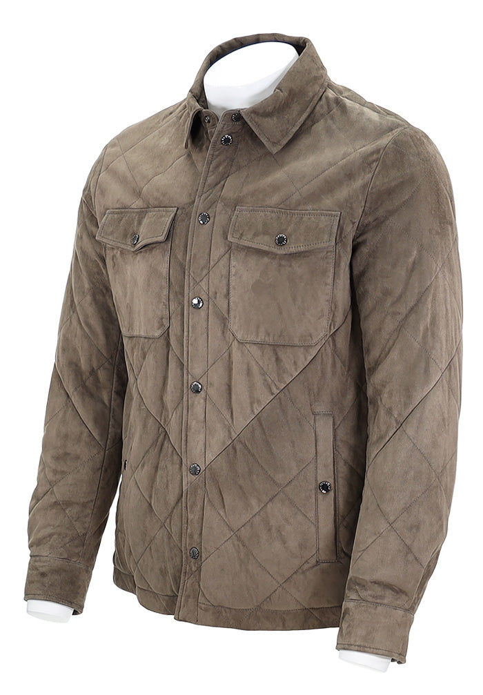PAUL & SHARK Men’s Aqualeather Suede Quilted Shacket in Taupe Angled View 14312490-308