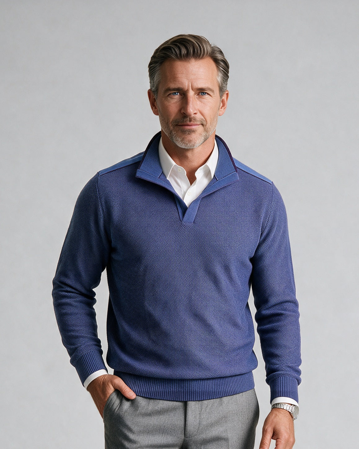 St. Croix - Open Mock Crystal Stitch Sweater - Mens Sweater - Mondo Uomo - Amethyst/Light Royal - 4941 - Shown on Model, Close-Up