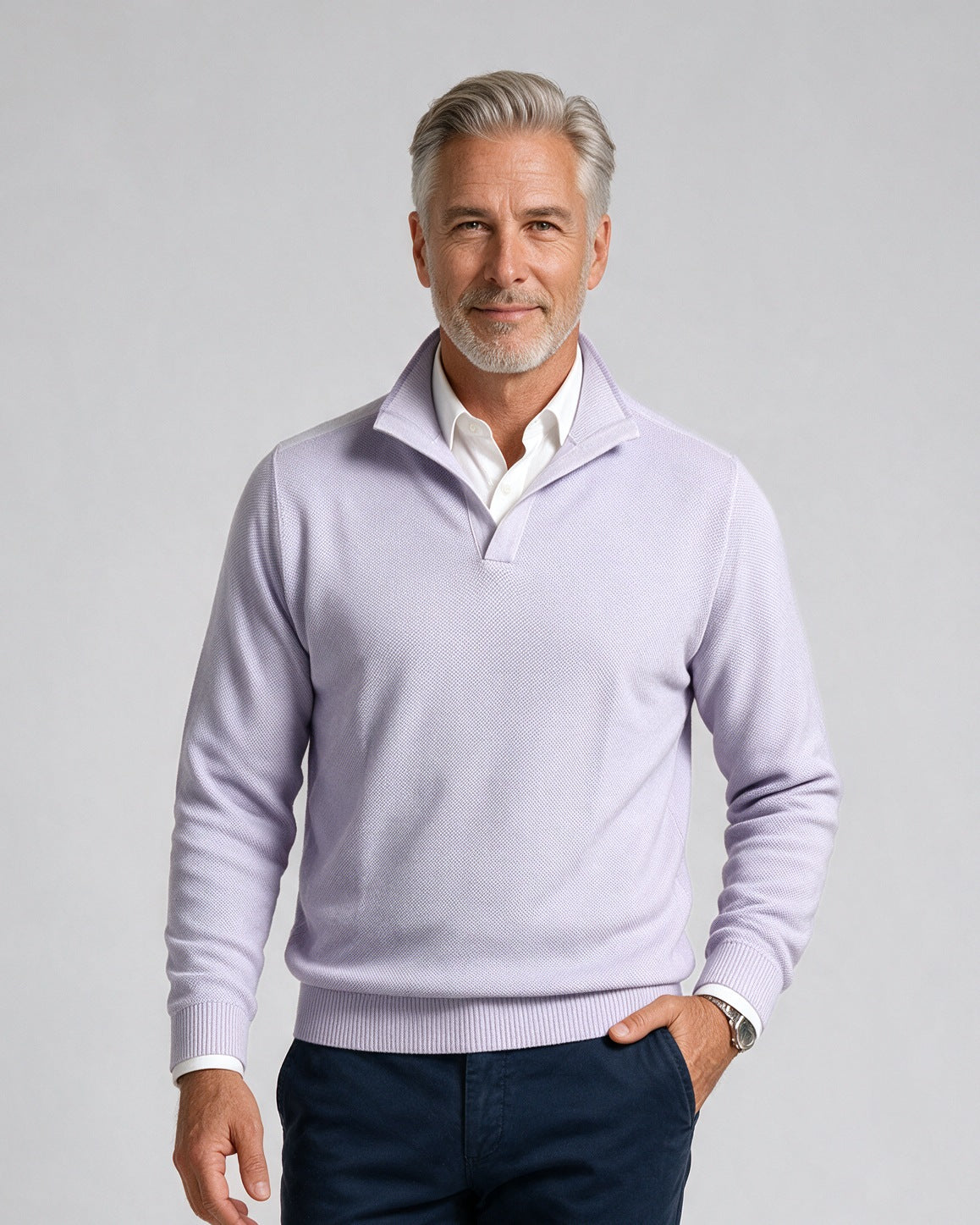 St. Croix - Open Mock Crystal Stitch Sweater - Mens Sweater - Mondo Uomo - Aster - 4941 - Shown on Model, Close-Up