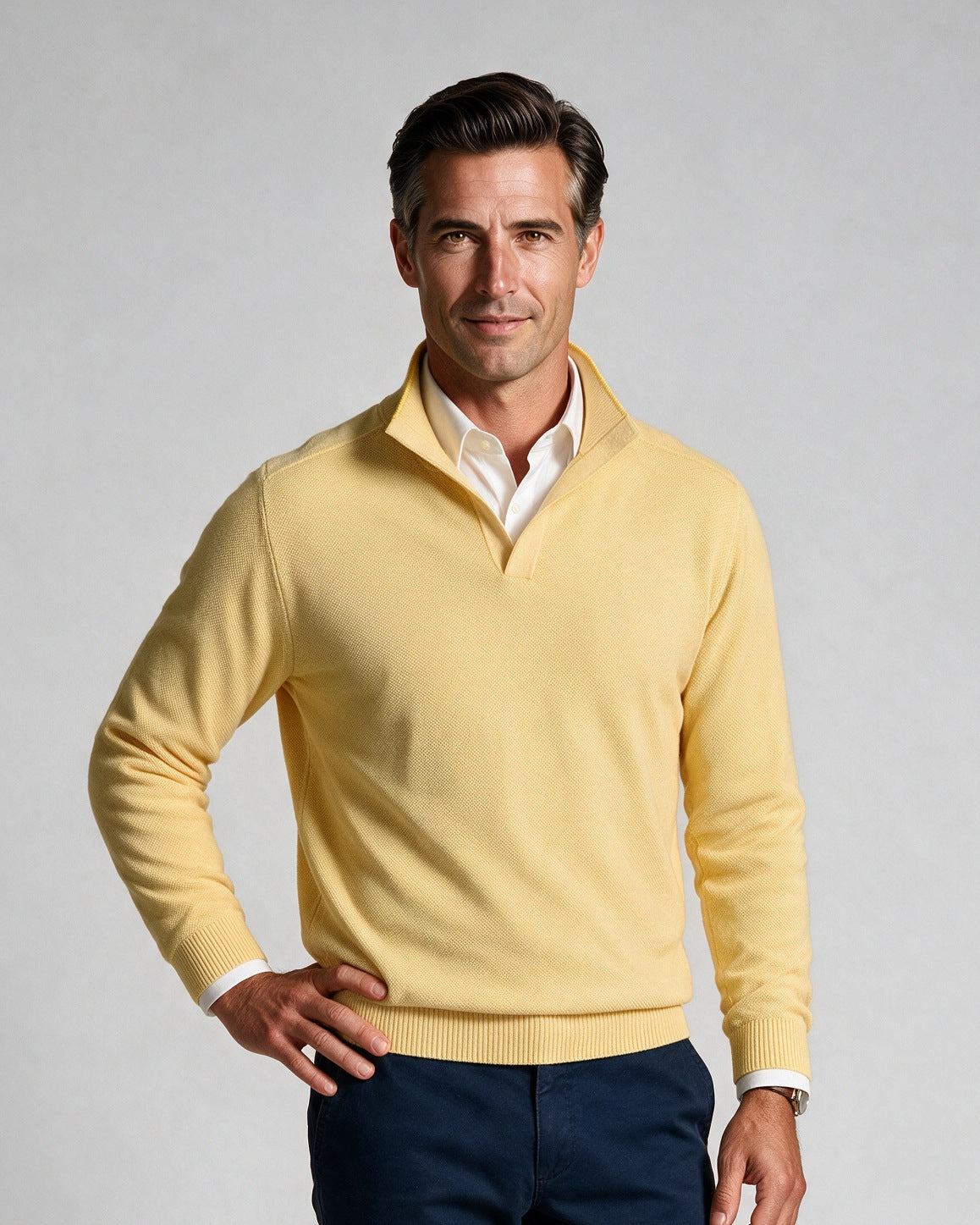 St. Croix - Open Mock Crystal Stitch Sweater - Mens Sweater - Mondo Uomo - Banana - 4941 - Shown on Model, Close-Up