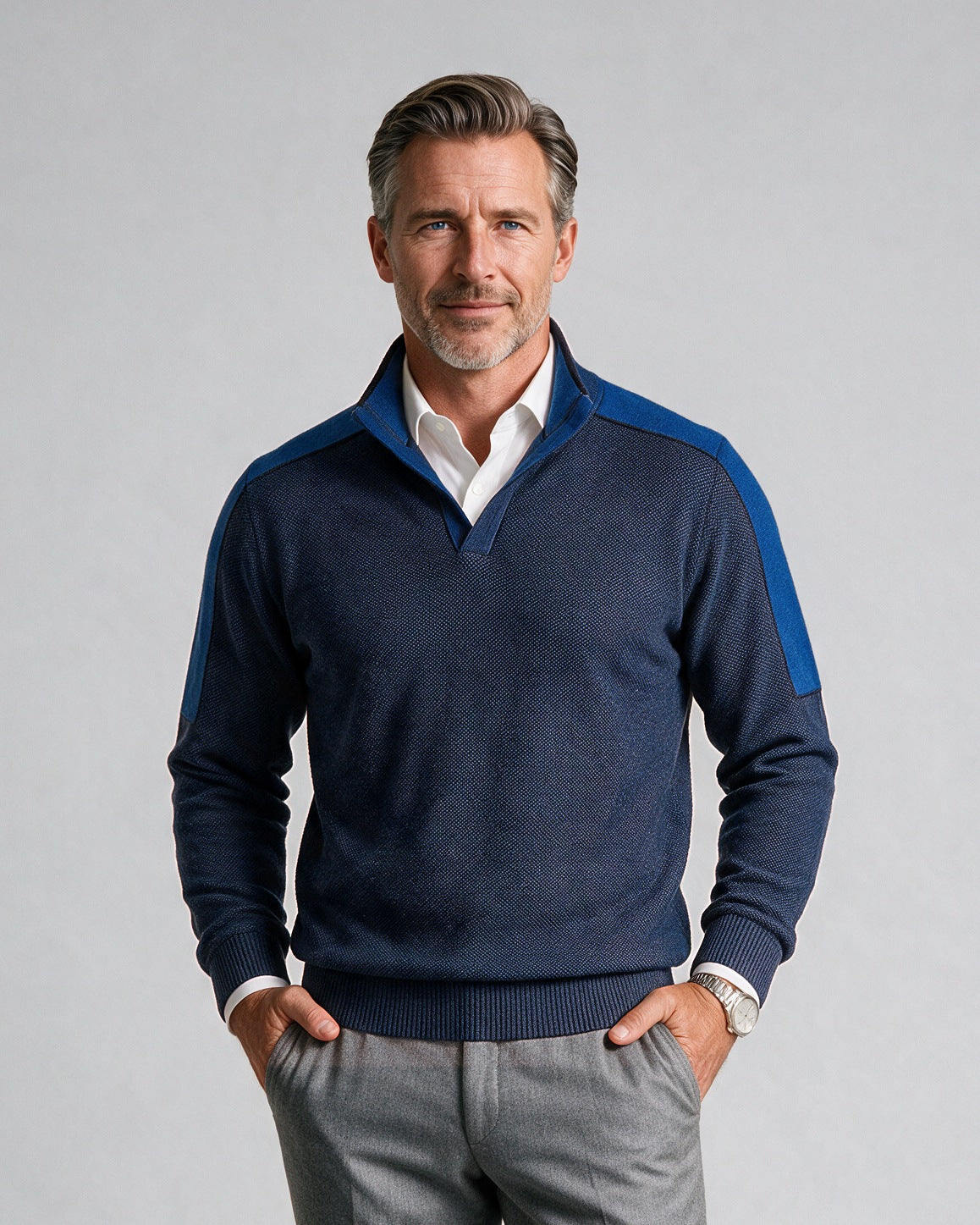 St. Croix - Open Mock Crystal Stitch Sweater - Mens Sweater - Mondo Uomo - Black/Galaxy - 4941 - Shown on Model, Close-Up