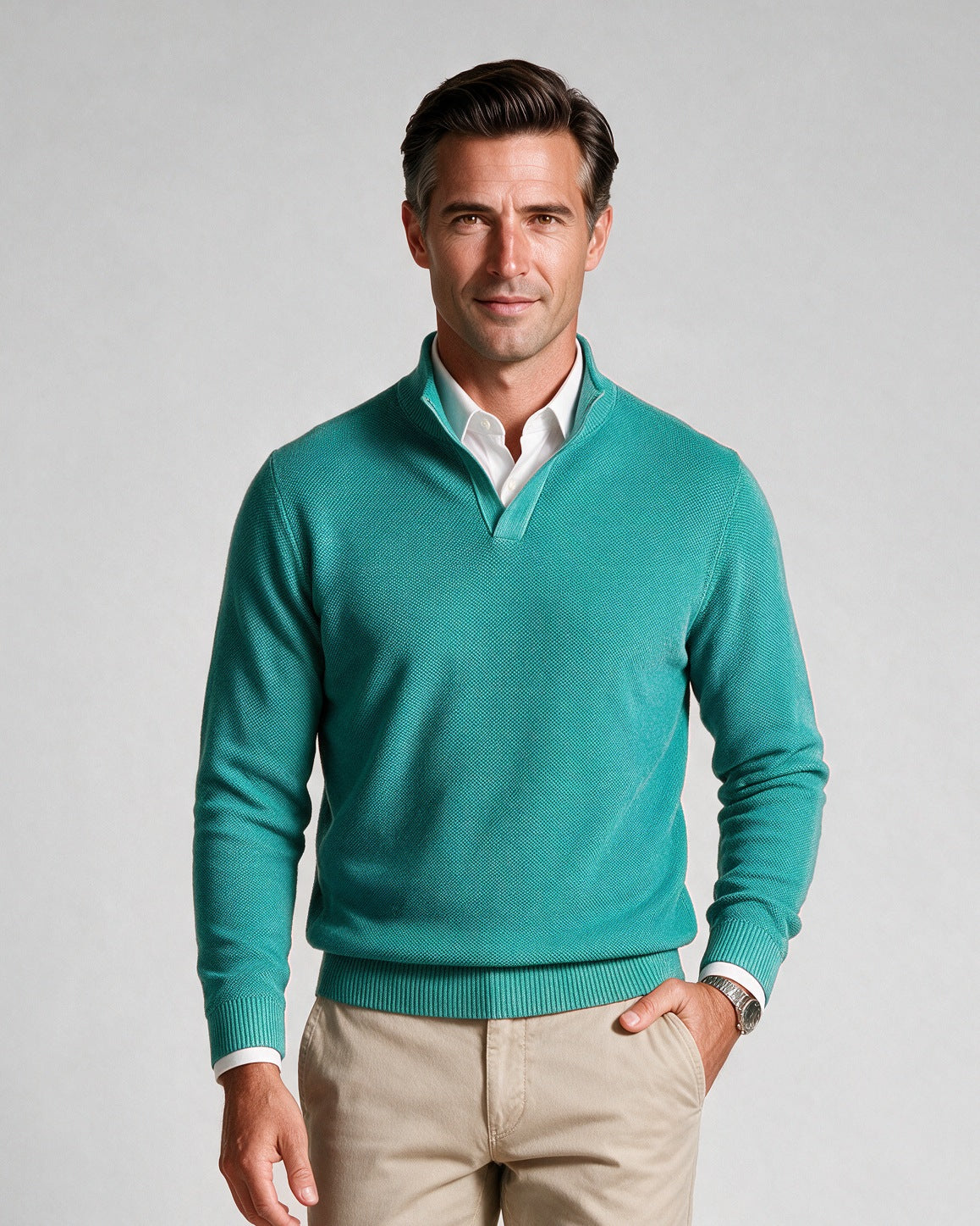 St. Croix - Open Mock Crystal Stitch Sweater - Mens Sweater - Mondo Uomo - Jade/Turquoise - 4941 - Shown on Model, Close-Up