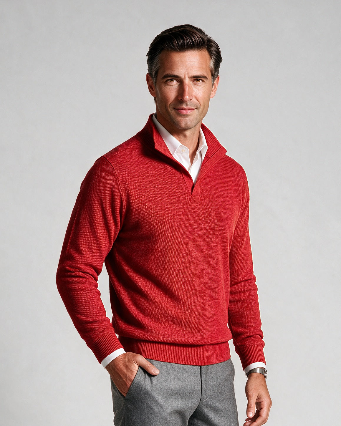 St. Croix - Open Mock Crystal Stitch Sweater - Mens Sweater - Mondo Uomo - Red/Apple Red - 4941 - Shown on Model, Close-Up