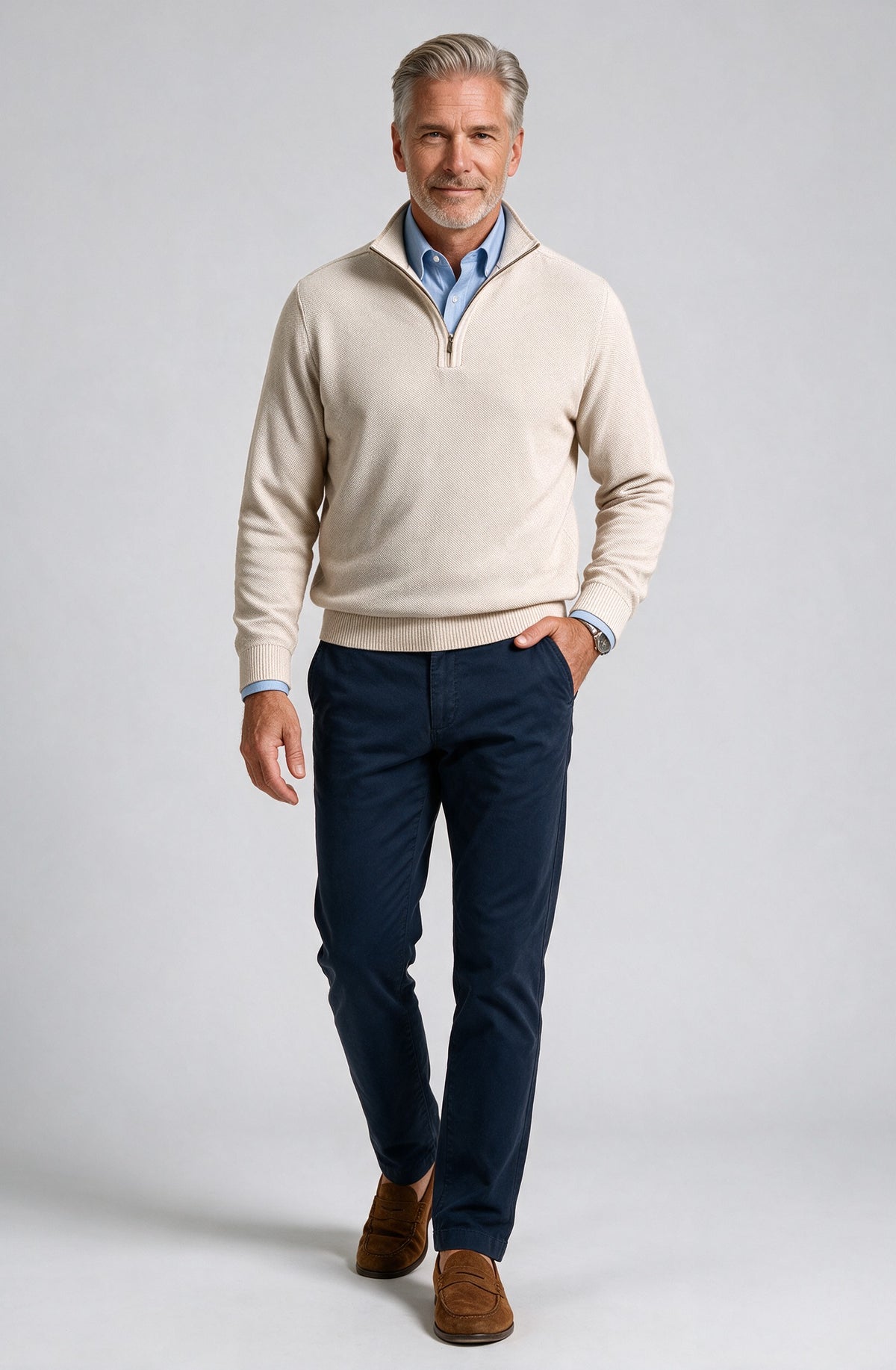 St. Croix - Zip Mock Crystal Stitch - Mens Sweater - Mondo Uomo - Almond - 4942 - Shown on Model