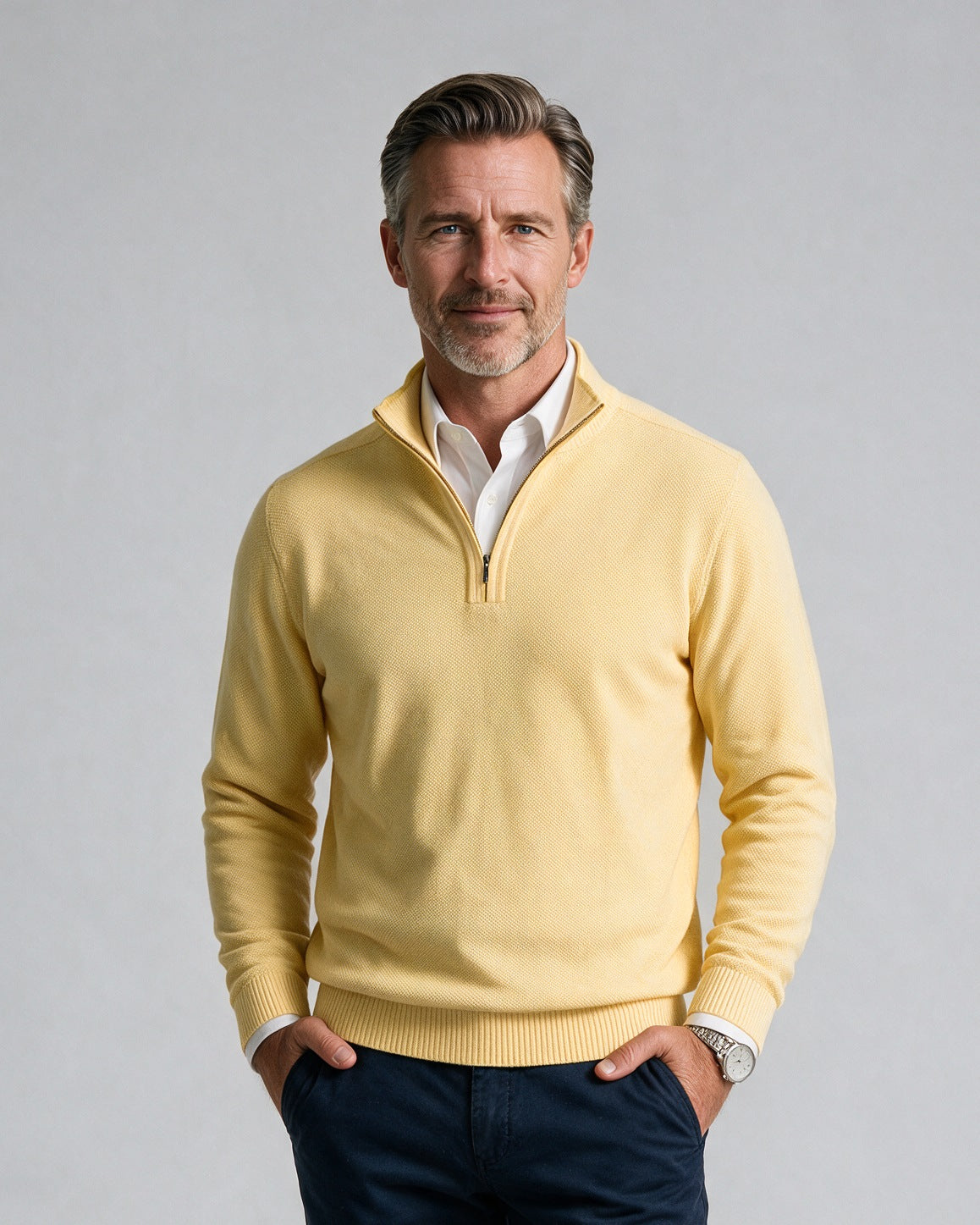 St. Croix - Zip Mock Crystal Stitch - Mens Sweater - Mondo Uomo - Banana - 4942 - Shown on Model, Close-Up