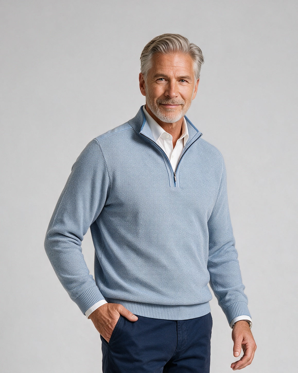 St. Croix - Zip Mock Crystal Stitch - Mens Sweater - Mondo Uomo - Coastal Blue/White - 4942 - Shown on Model, Close-Up